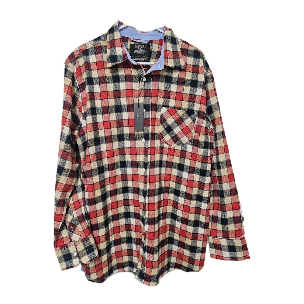 Bogari NWT Shirt Mens XL Red Plaid Flannel Button Up Long‎ Sleeves Cotton Blend